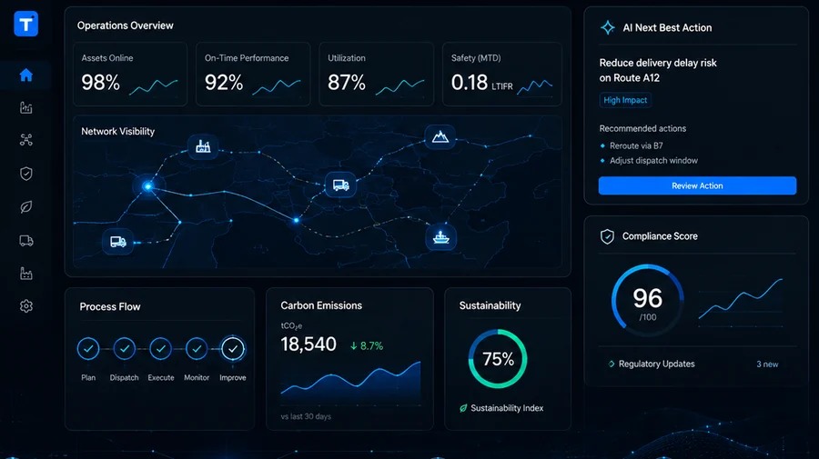 Tranzol operational dashboard showing connected network visibility, KPIs and AI recommended action