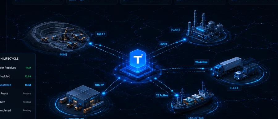 Connected operational network map linking mine plant fleet warehouse and logistics