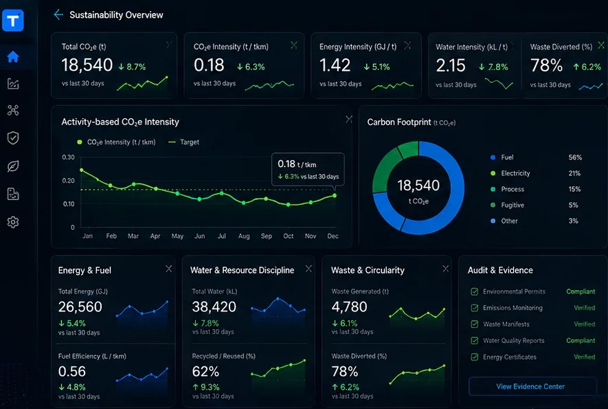 Activity based carbon intensity footprint energy water and waste sustainability dashboard